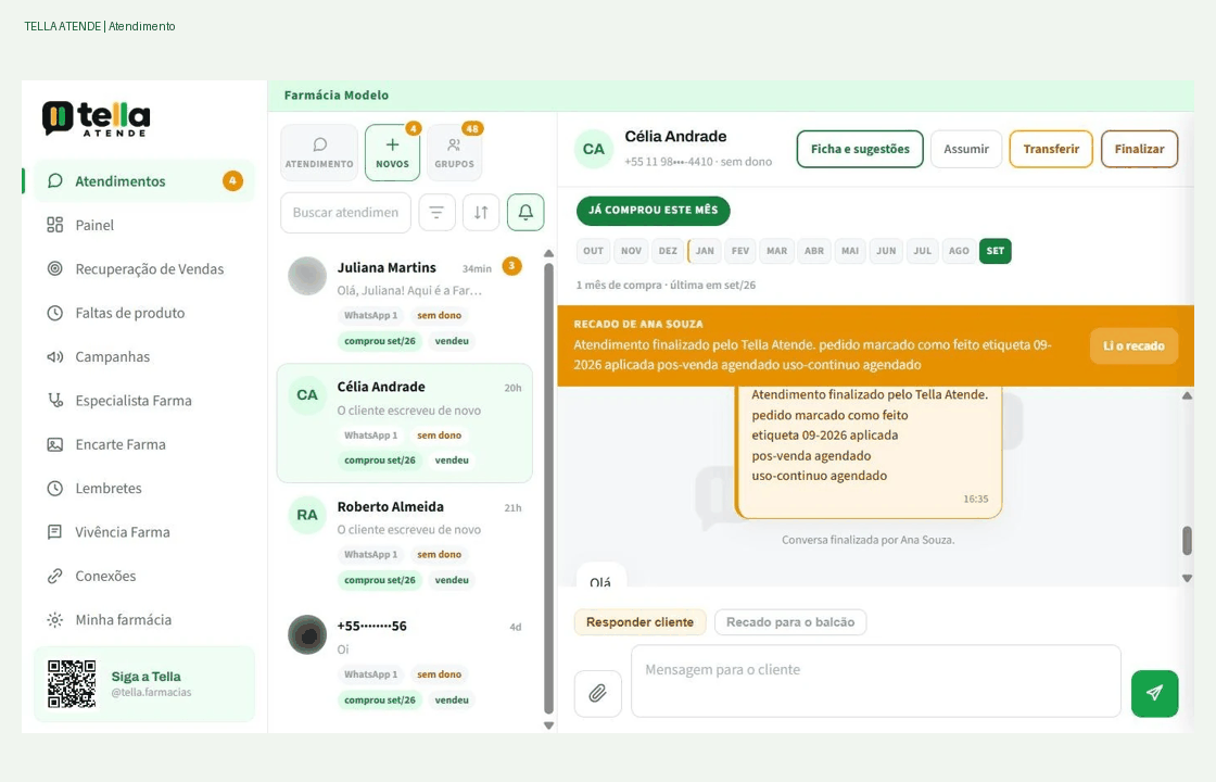 Capturas reais do Tella Atende: atendimento, recuperação de vendas e lembretes.